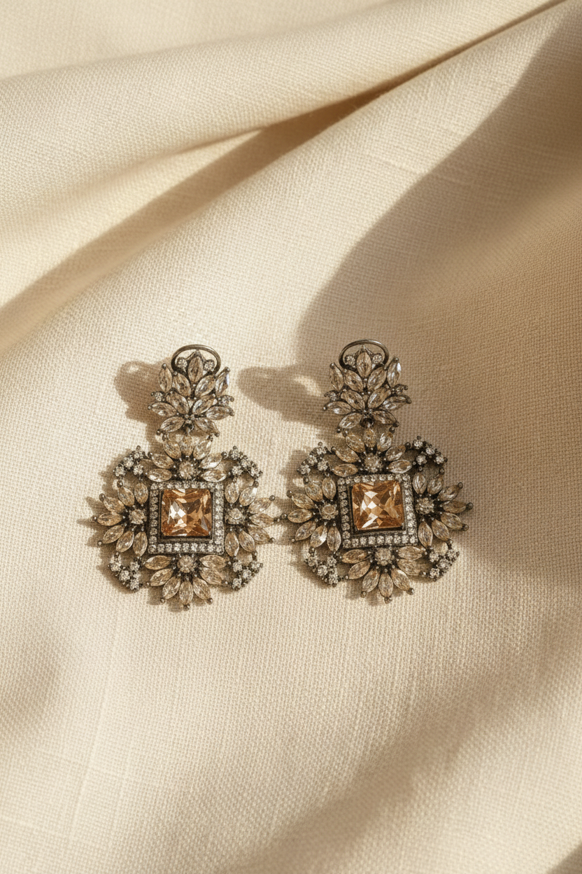 Champagne | Teal Square Halo Statement Earrings