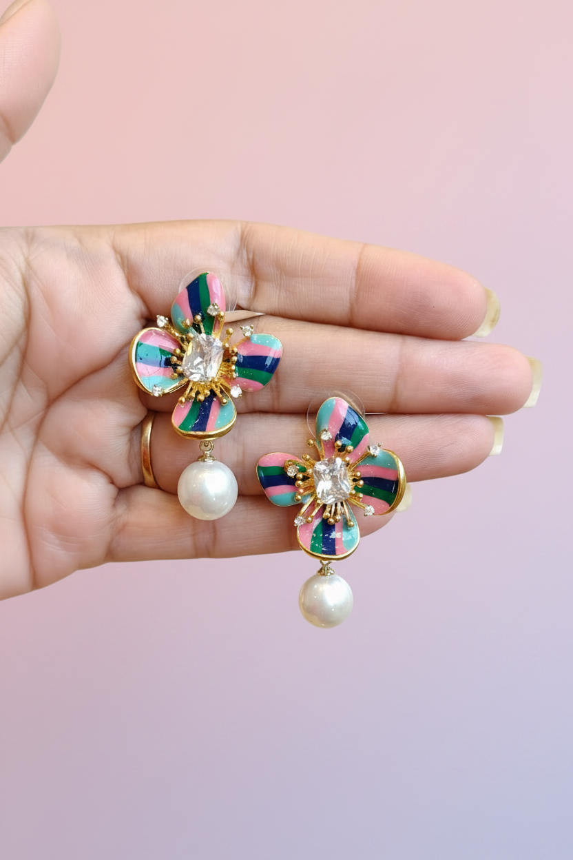 Enamel Floral Pearl Drop Earrings