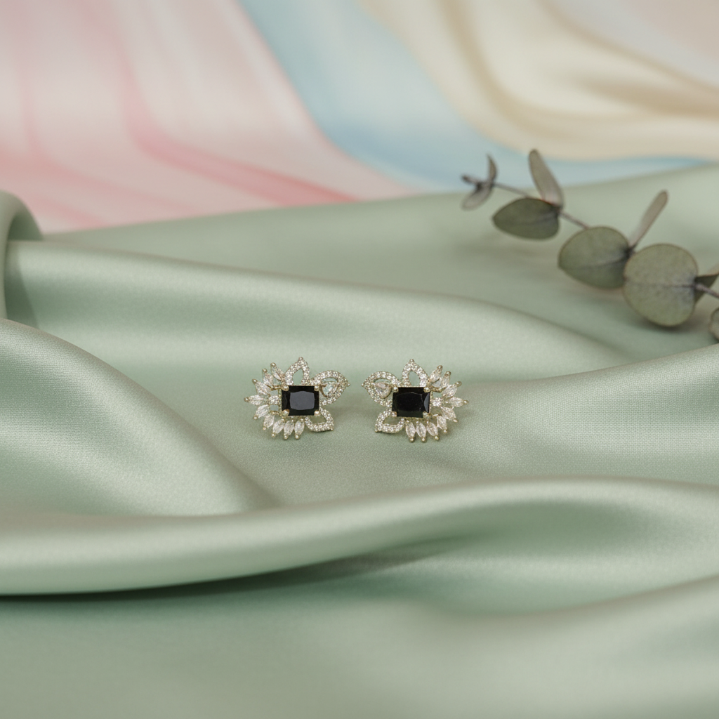 Black Stone Earrings on Sage Silk