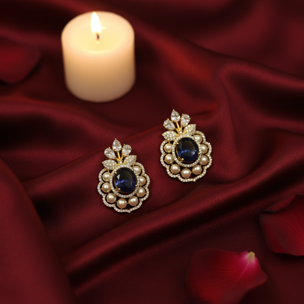 Royal Sapphire Pearl Stud Earrings