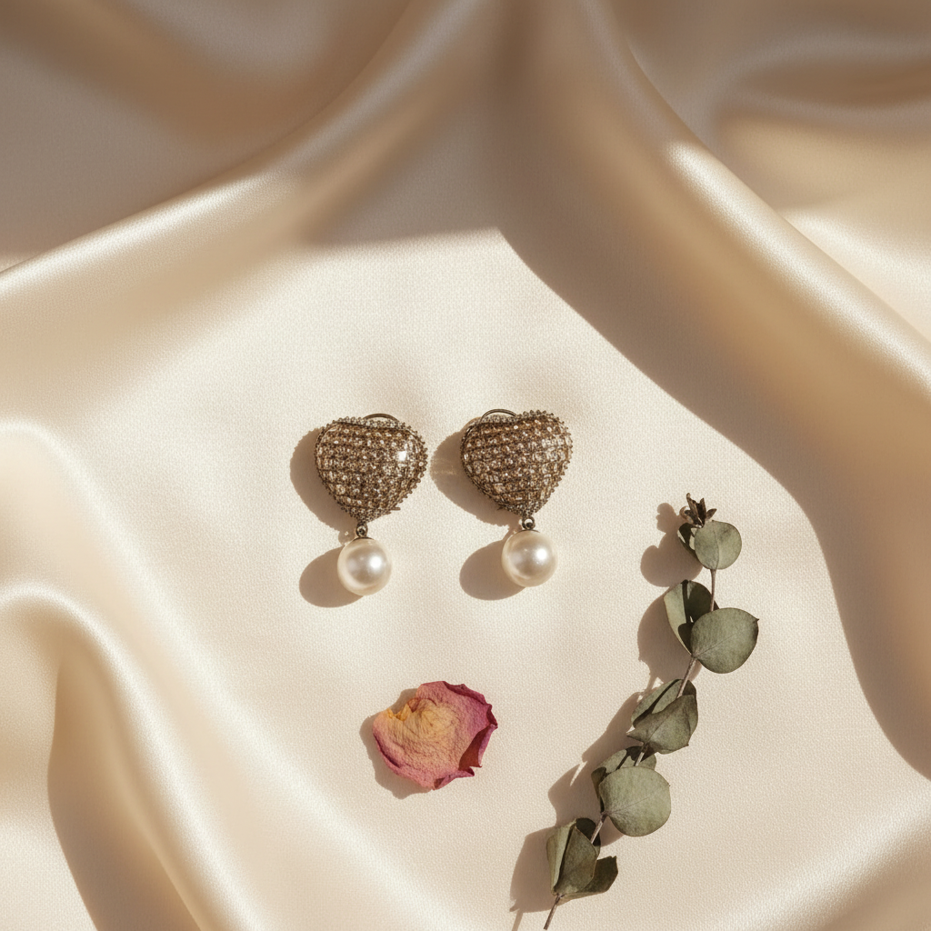 Heart CZ Pearl Drop Earrings Flat Lay with Minimal Props