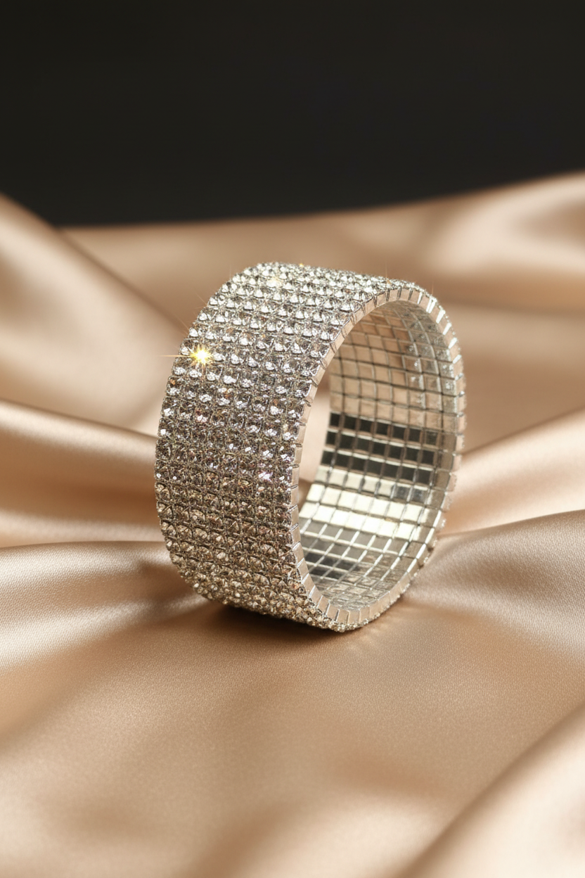 Silver Rhinestone Bracelet Vertical on Champagne Gold Silk