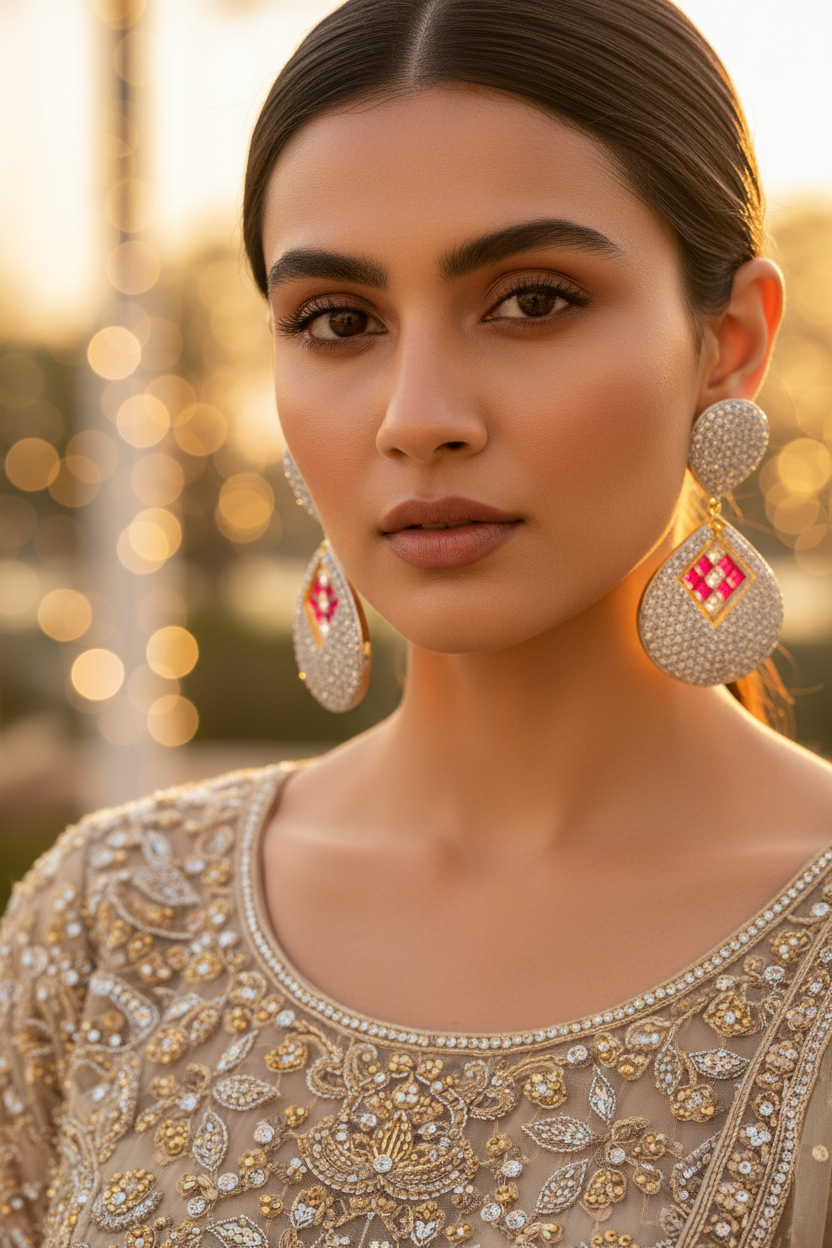 Ruby Red Motif Zirconia Earrings