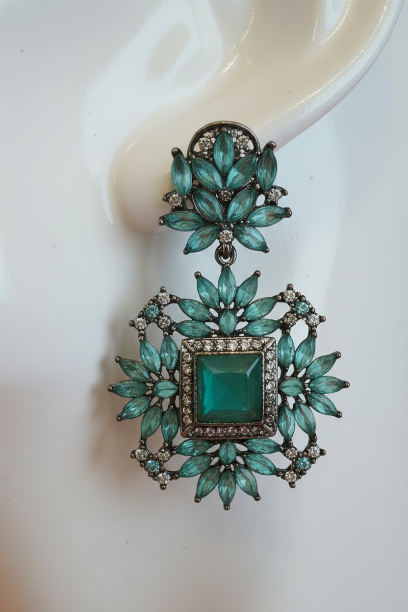Champagne | Teal Square Halo Statement Earrings