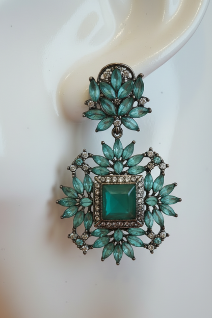 Champagne | Teal Square Halo Statement Earrings