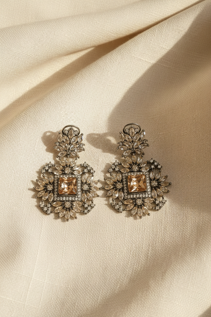 Champagne | Teal Square Halo Statement Earrings