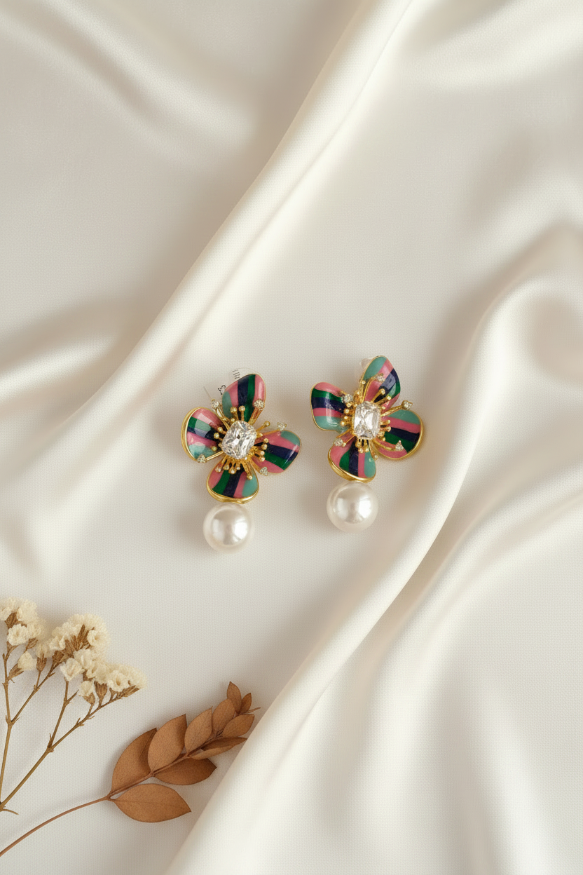 Enamel Floral Pearl Drop Earrings