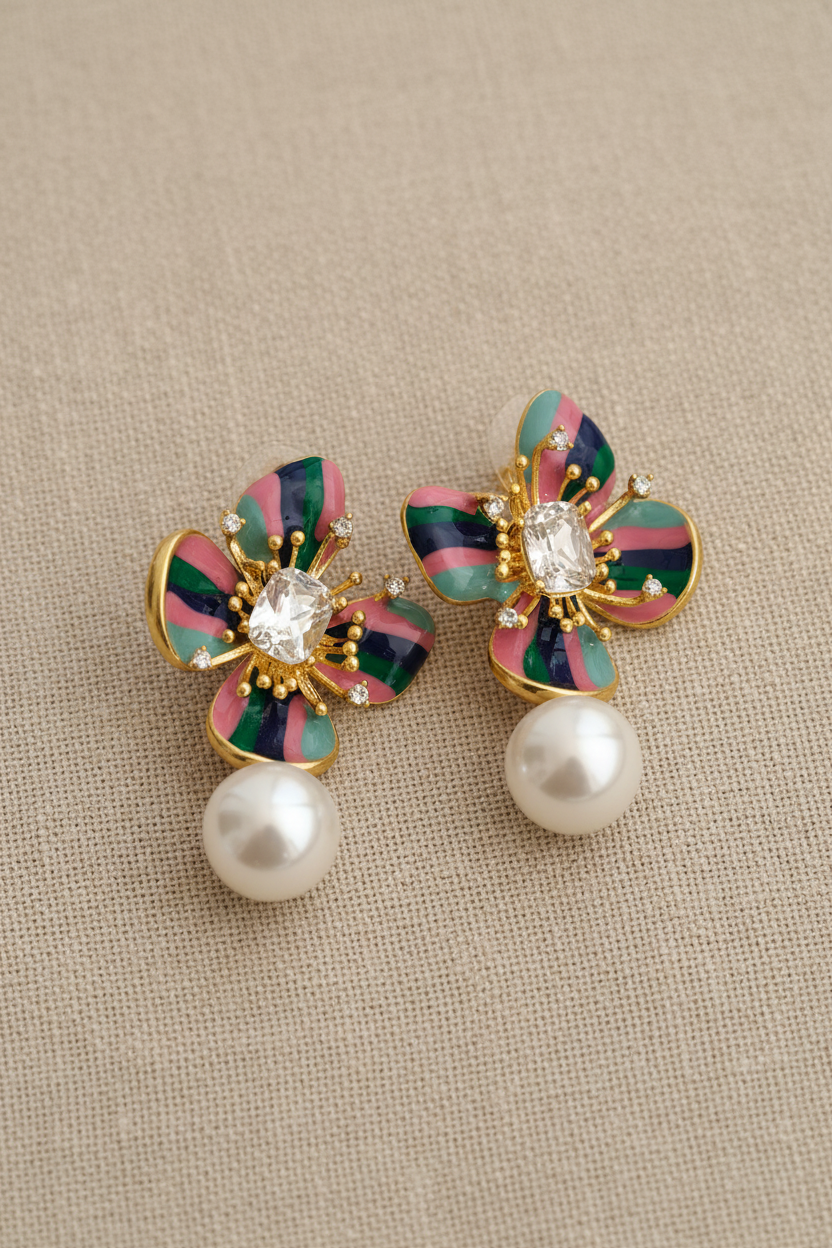 Enamel Floral Pearl Drop Earrings