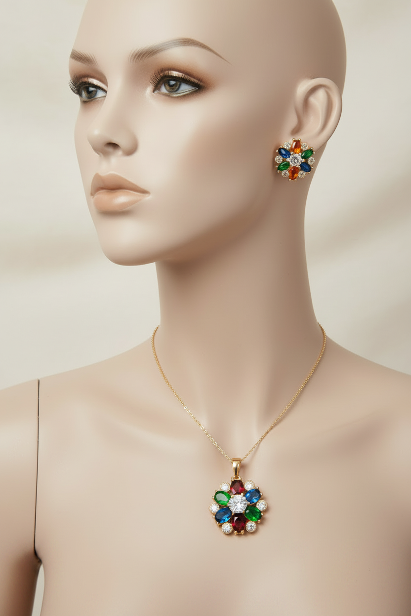 Multicolor Floral CZ Pendant Set