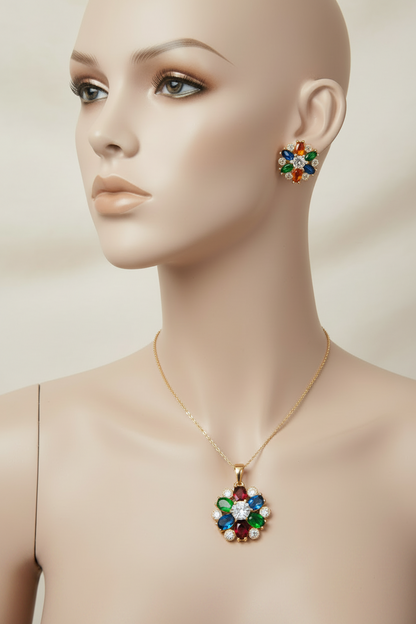 Multicolor Floral CZ Pendant Set
