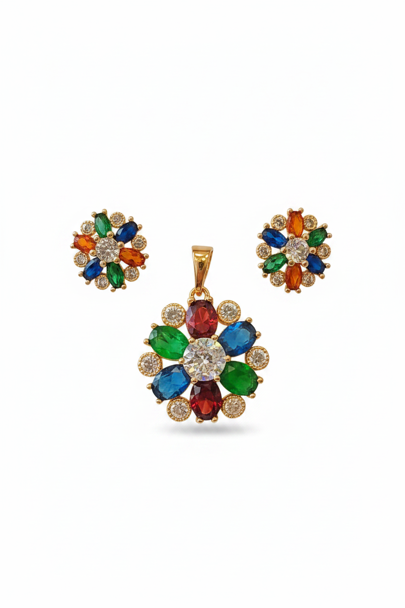 Multicolor Floral CZ Pendant Set