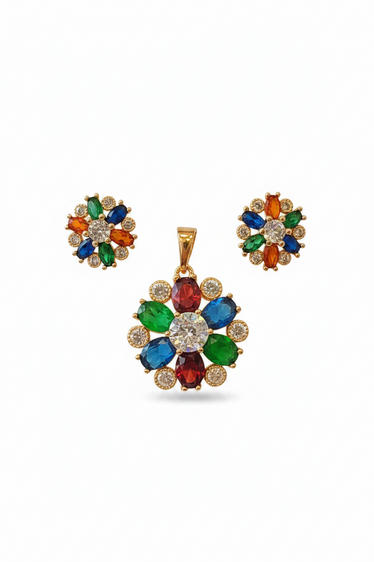Multicolor Floral CZ Pendant Set