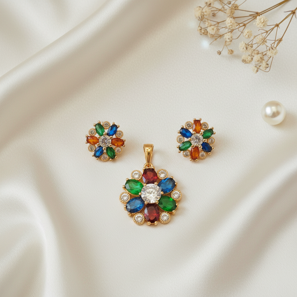 Multicolor Floral CZ Pendant Set