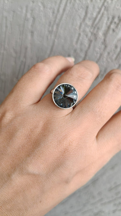 Black | Clear Crystal Adjustable Ring