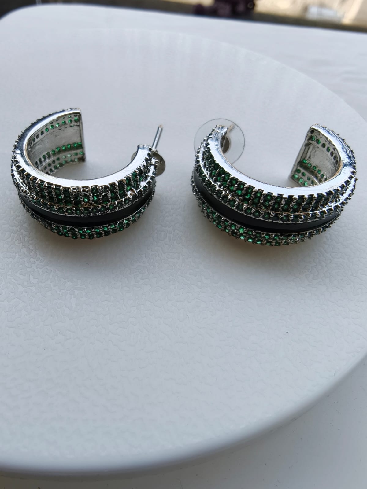 Emerald Enamel Zirconia Diamond Silver Hoops