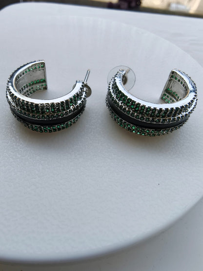 Emerald Enamel Zirconia Diamond Silver Hoops