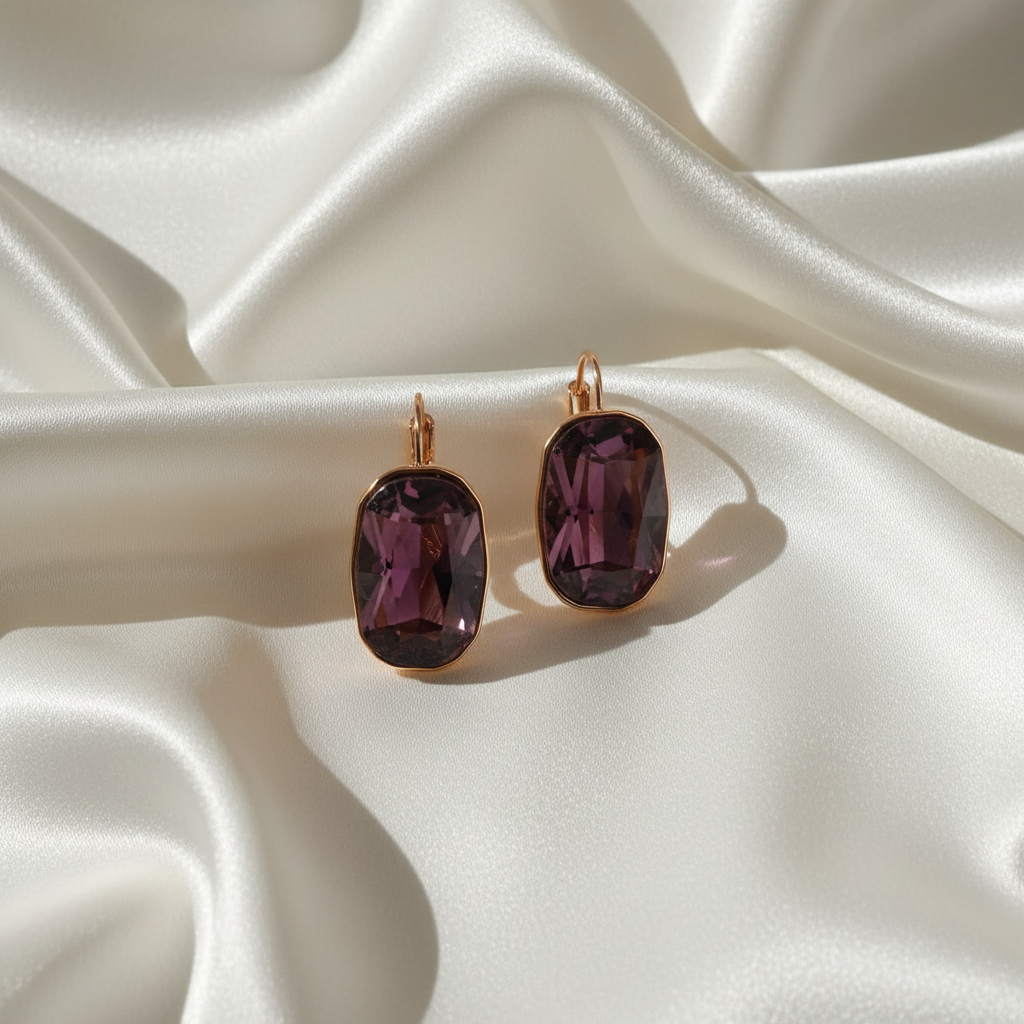 Amethyst Earrings Flat Lay on Silk