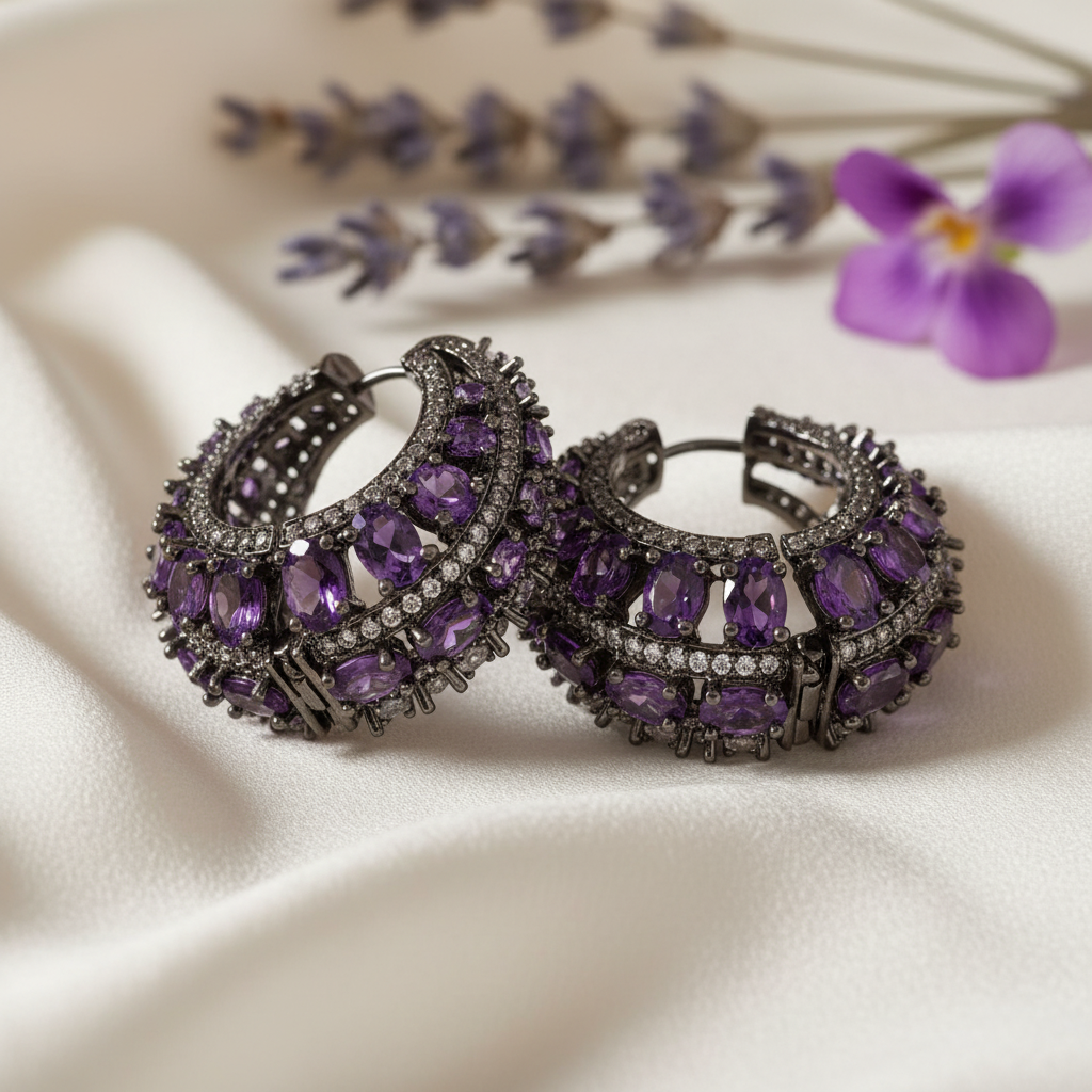 Amethyst Purple Hoops — Close-up Flat Lay