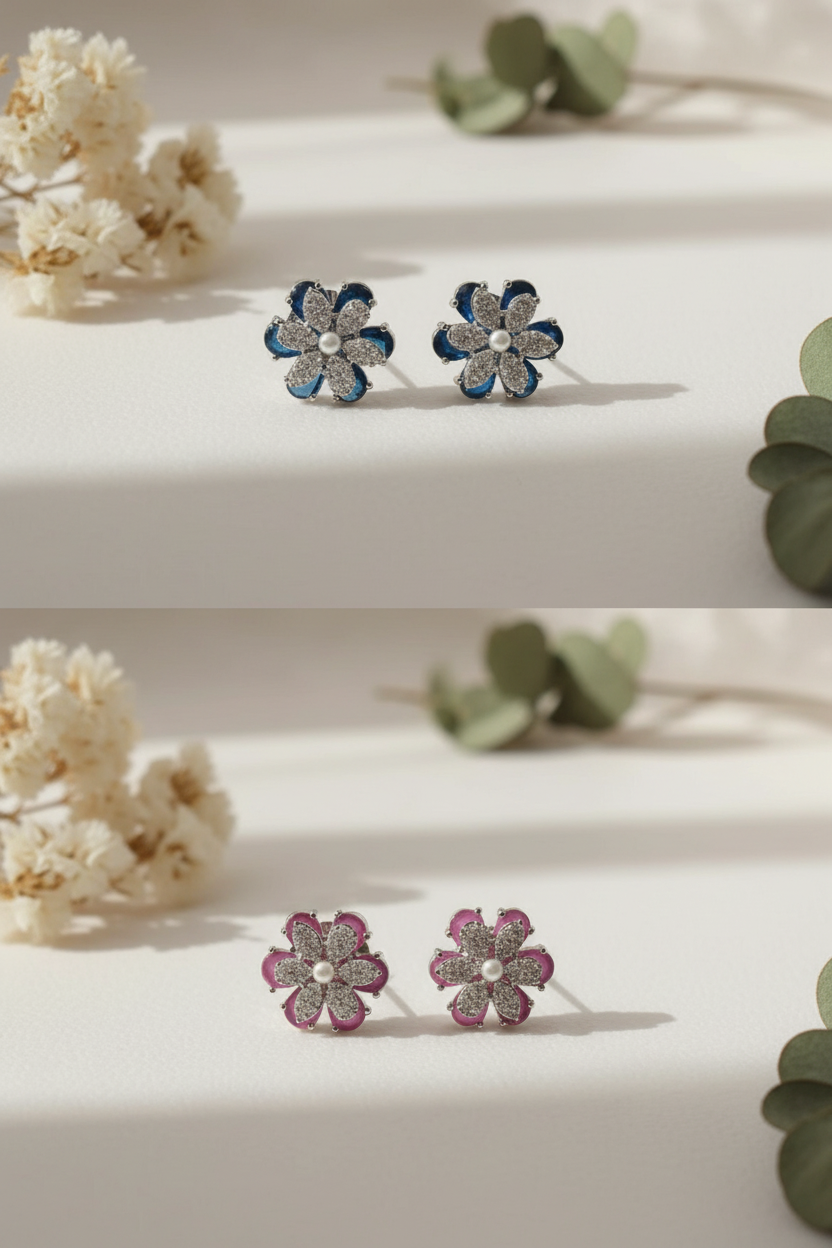 Azure Bloom CZ & Pearl Stud Earrings Collage