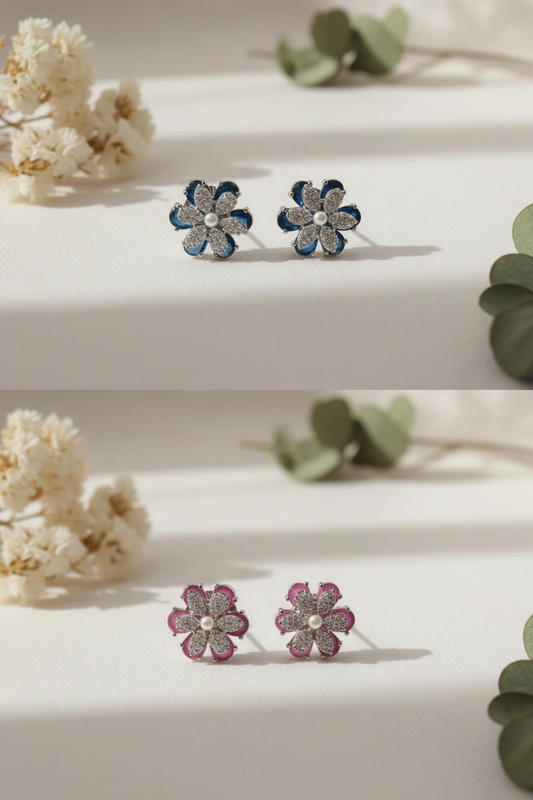 Azure Bloom CZ & Pearl Stud Earrings Collage