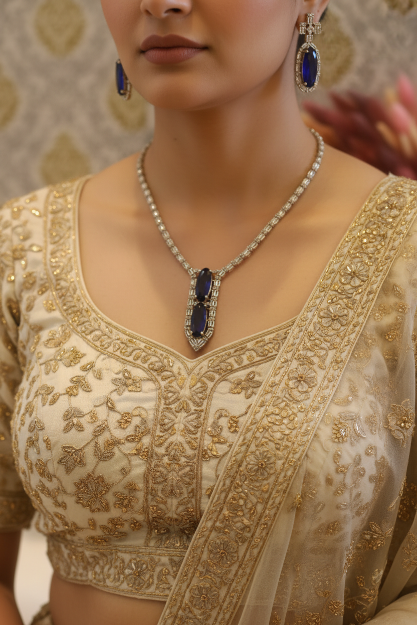 Blue Necklace Set - Ivory Lehenga Styled Shot