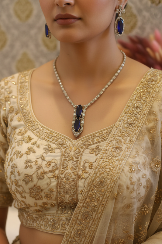 Blue Necklace Set - Ivory Lehenga Styled Shot
