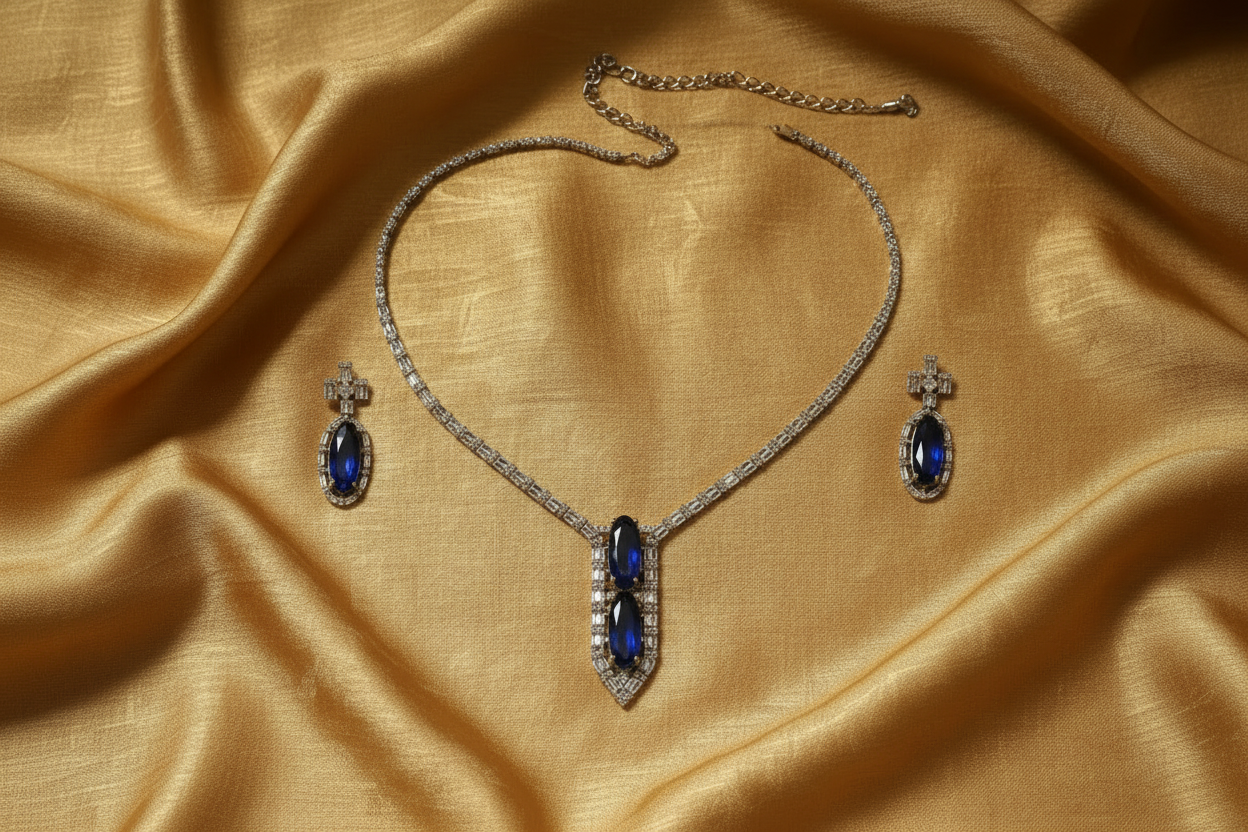 Blue Necklace Set - Raw Silk Fabric