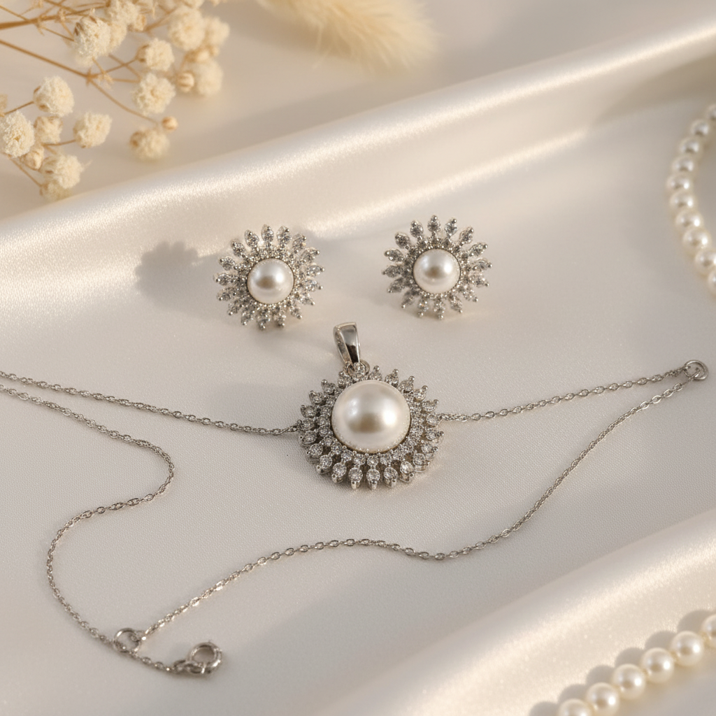 Celeste Pearl Set Silk Flat Lay