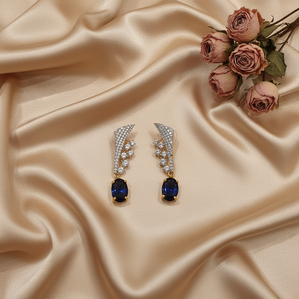 Blue Sapphire Oval Drop Zirconia Earring