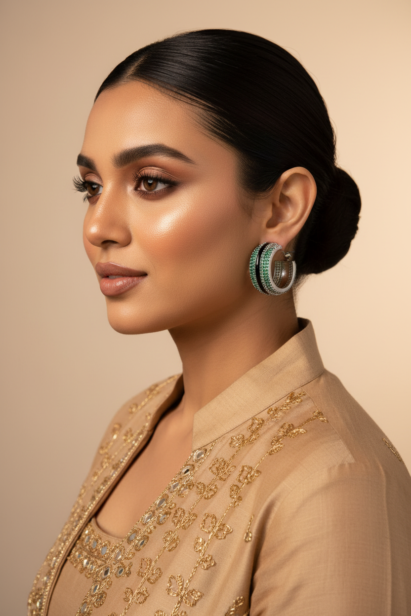 Elegant Indian Model - Office Indo-Western with Emerald Noir Hoops