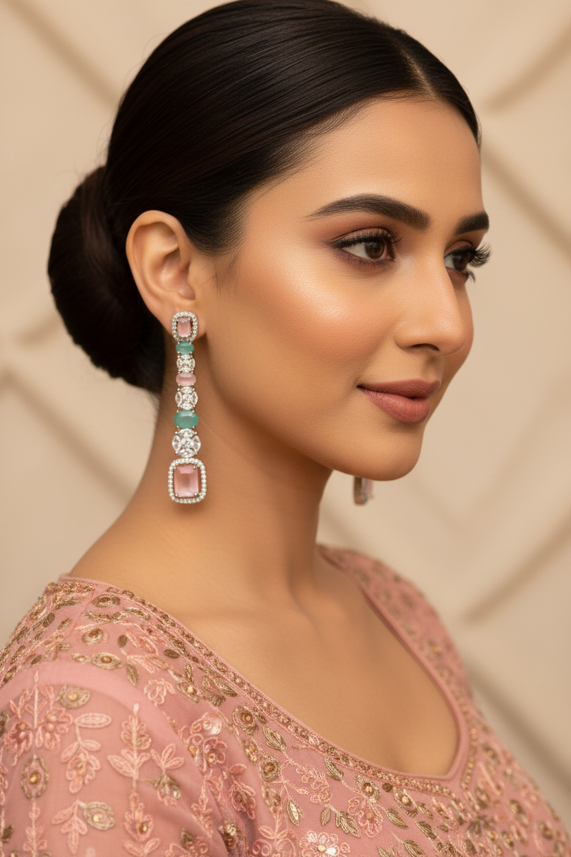 Elegant Indian Model - Silver Pastel Linear Drop Earrings