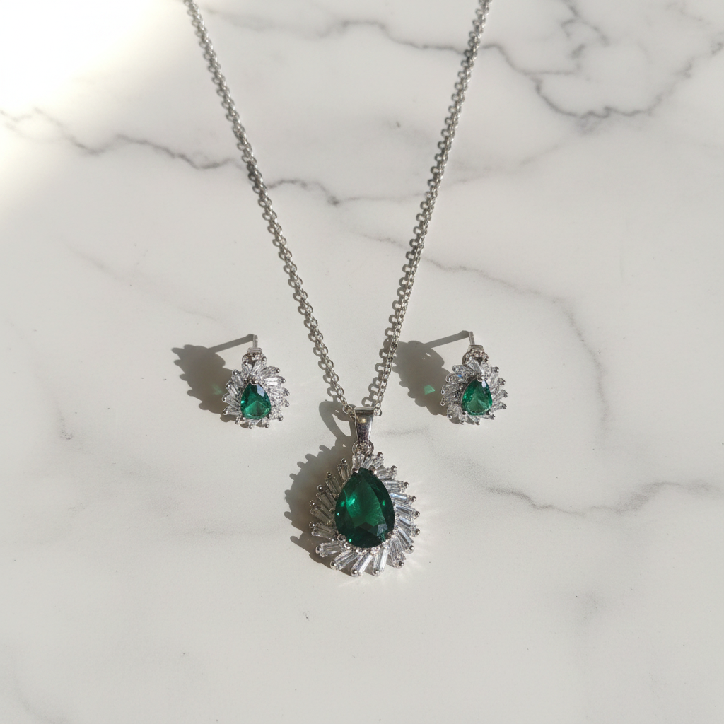 Emerald CZ Pendant Set - Marble Flat Lay