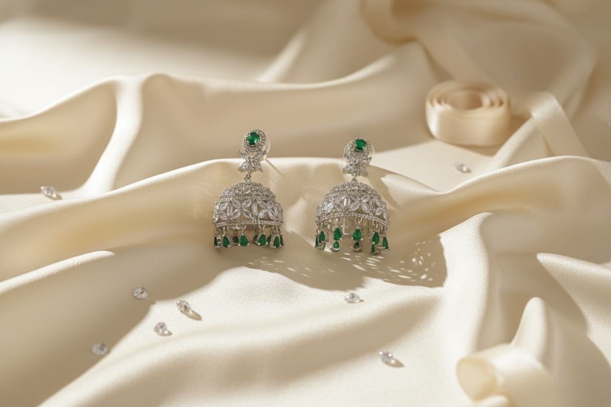 Emerald Green CZ Jhumka Flatlay on Silk