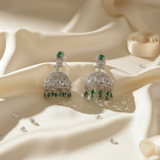 Emerald Green CZ Jhumka Flatlay on Silk