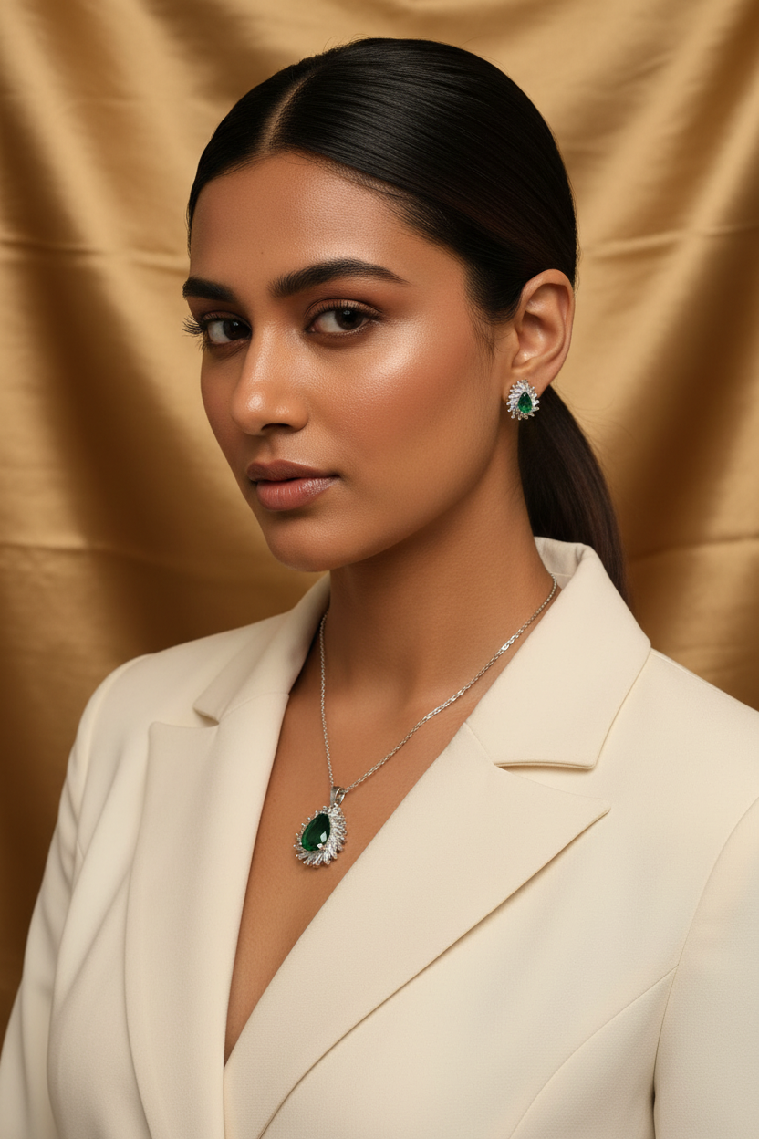 Emerald Green CZ Pendant Set - Textured Background
