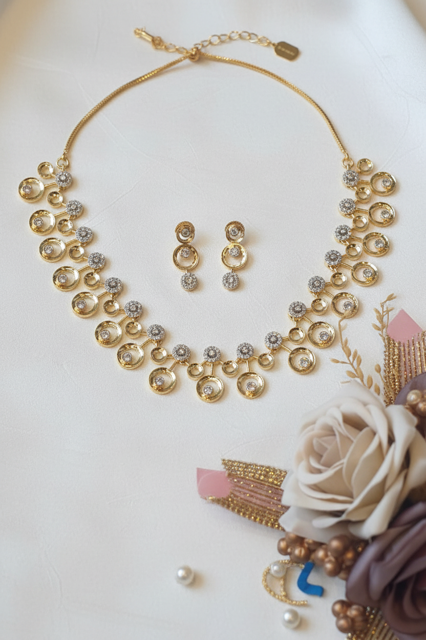 Gold CZ Circle Link Necklace Set