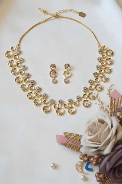 Gold CZ Circle Link Necklace Set
