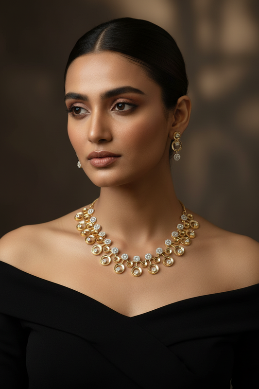 Gold Circle Necklace & Earring Set - Black Off-Shoulder Model