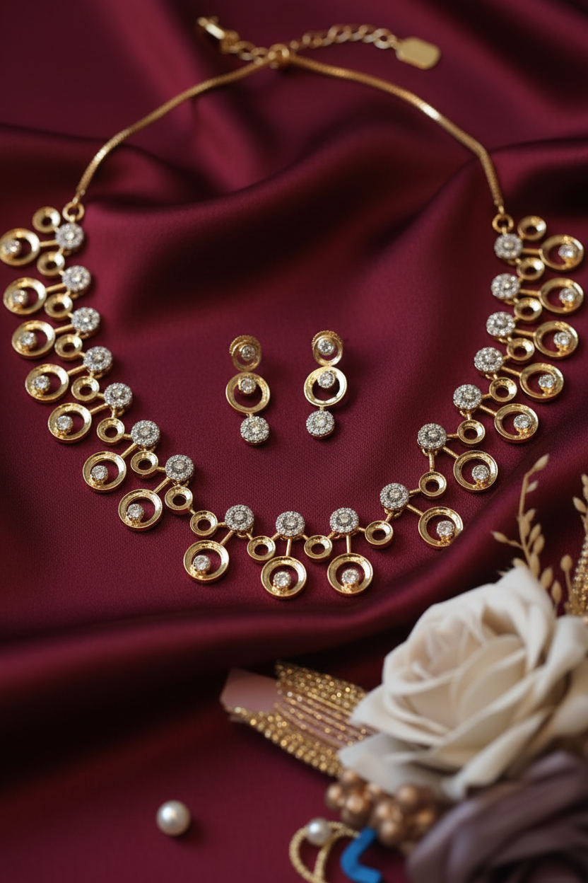 Gold Circle Necklace Set - Burgundy Silk Textured Background
