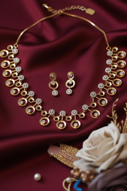 Gold Circle Necklace Set - Burgundy Silk Textured Background