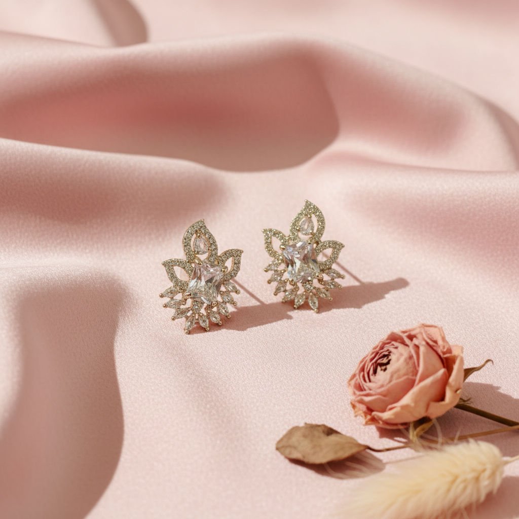 Gold Crystal Earrings on Blush Silk