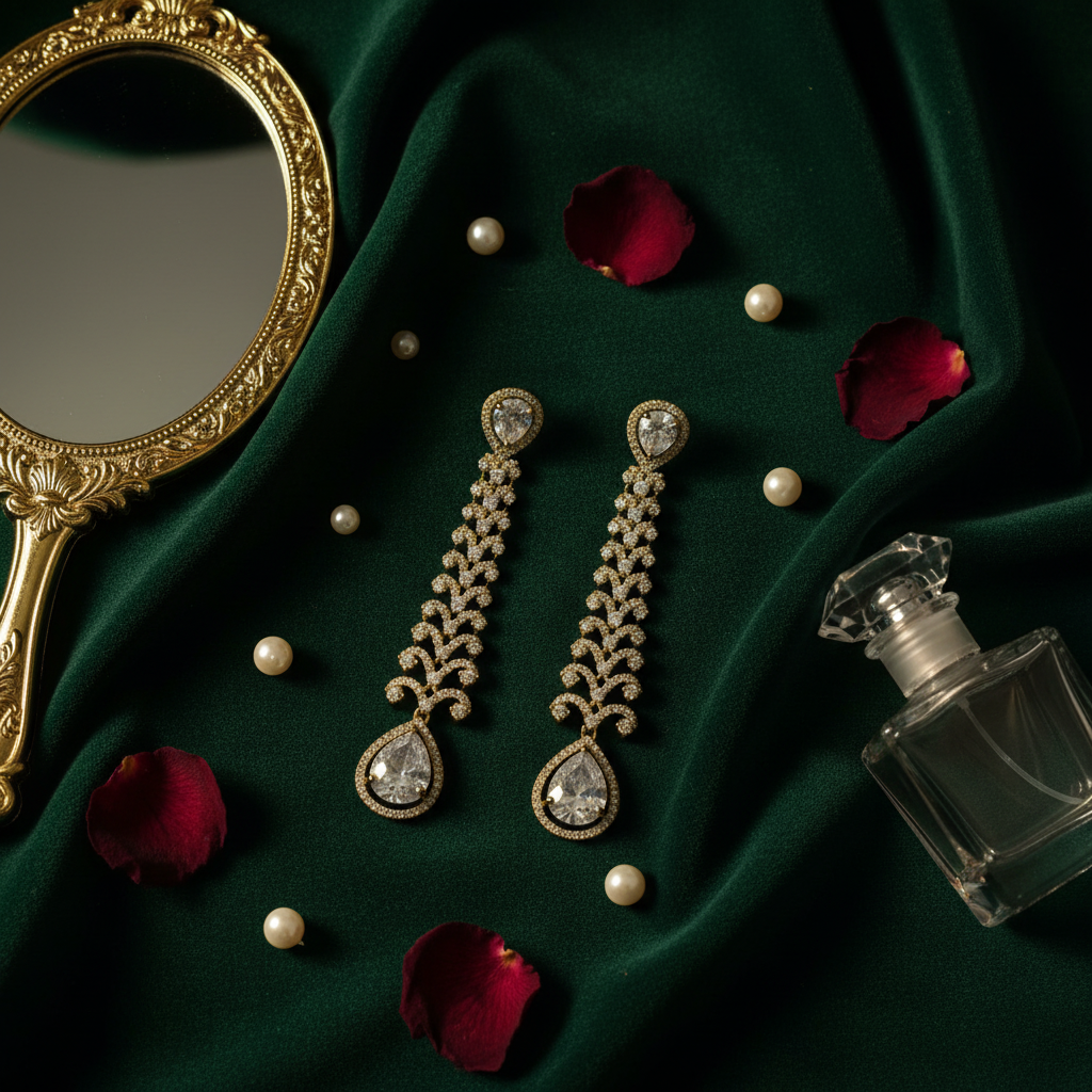 Gold CZ Earrings Flatlay Emerald Velvet