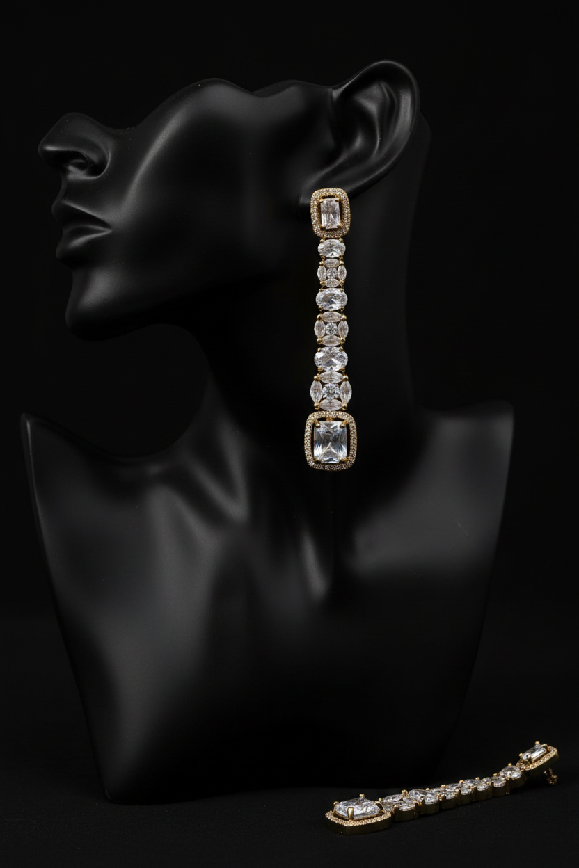 Gold Linear Drop Earrings on Black Mannequin