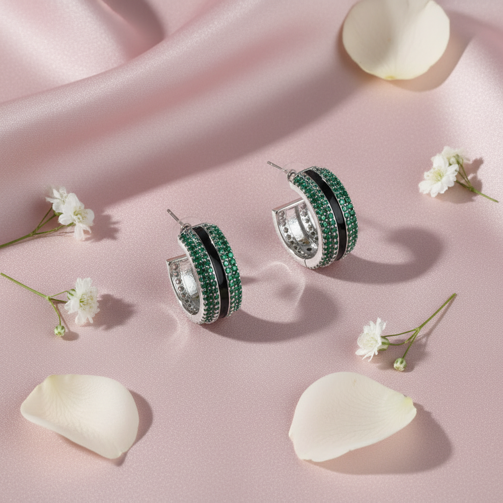 Green CZ Hoop Earrings on Pastel Blush Satin