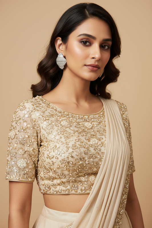 Indian model wearing silver CZ leaf earrings in indo-western outfit