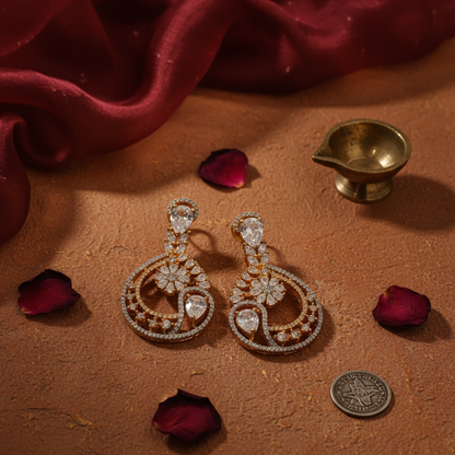 Lunar Circle CZ Earrings – Gold Textured