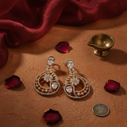 Lunar Circle CZ Earrings – Gold Textured