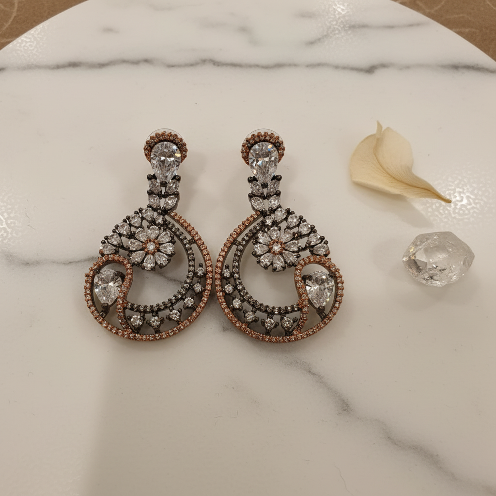 Lunar Circle CZ Earrings – Gunmetal Rose Flat Lay