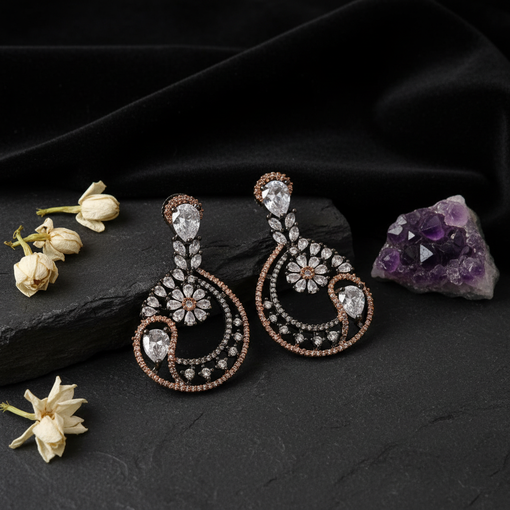 Lunar Circle CZ Earrings – Gunmetal Textured