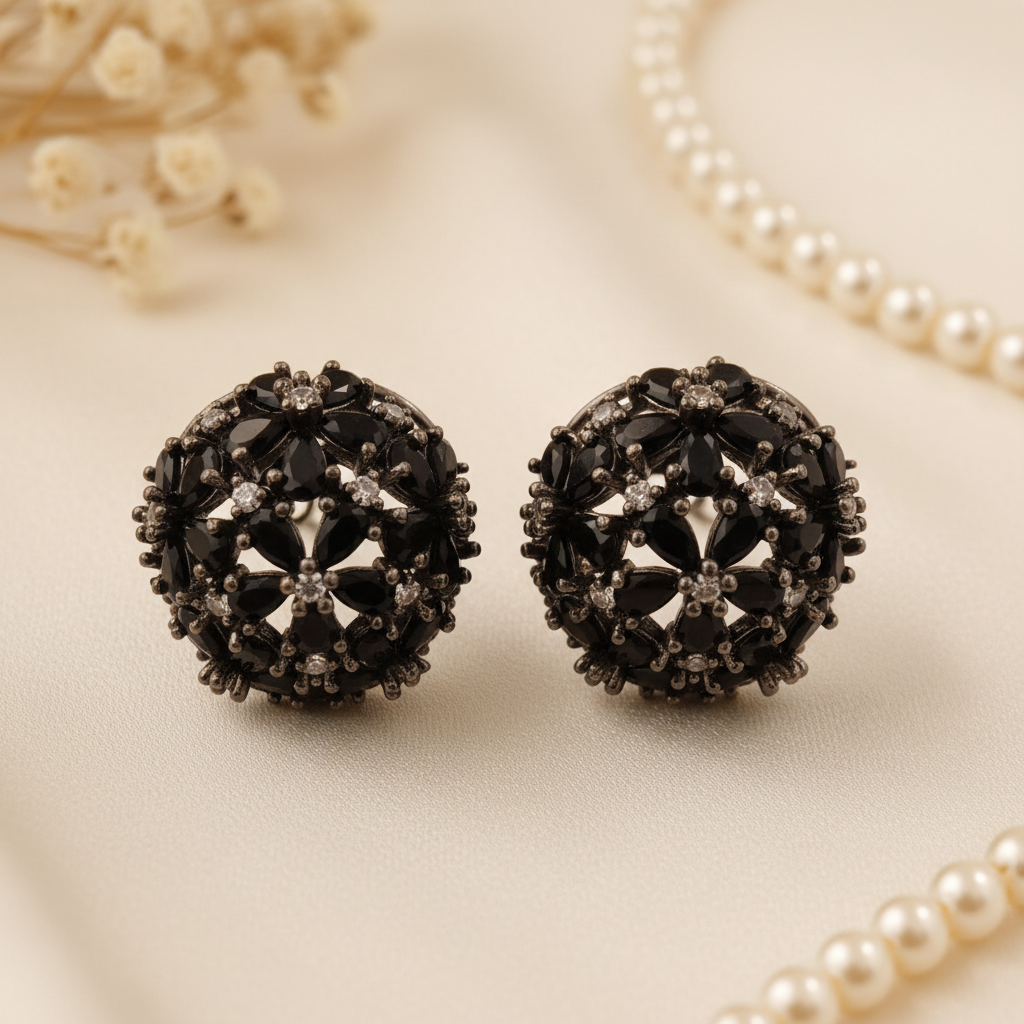 Midnight Black Dome Cluster Studs Flat Lay